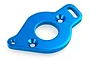 A blue anodized aluminium motor mount plate for an RC car, featuring a central circular hole and several mounting points.