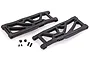 Two black plastic RC car rear lower suspension arms with small screws and grub screws on a white background.