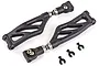 Two black plastic RC suspension arms with metal ball joints and three small black plastic C-clips on a white background.