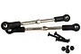 Two metal RC turnbuckle linkages with black plastic rod ends, accompanied by three black screws and three black lock nuts on a white background.