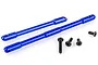 Two blue anodized aluminium RC chassis braces with four black metal screws on a white background.