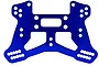 A blue anodized aluminium rear shock tower for an RC car, featuring multiple mounting holes for suspension adjustment.