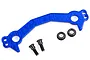 A blue anodized aluminium steering Ackermann plate for an RC car, accompanied by two black metal screws and two black plastic bushings.