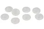 Eight translucent silicone shock diaphragms for RC car shock absorbers arranged on a white background.
