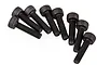 A group of eight black metal cap head screws arranged in a loose cluster on a white background.