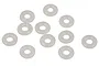 A collection of ten small, translucent white silicone O-rings scattered on a plain white background.