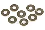 A set of eight small, circular silver-coloured metal washers arranged on a white background.