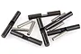 A collection of metal differential cross pins and small cylindrical hardware pins scattered on a white background.