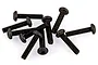 A pile of eight black metal button head screws with hex drive sockets, isolated against a white background.