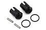 Two black metal drive shaft outdrives for Losi 5IVE-T 2.0, including two metal pins and two black O-rings on a white background.