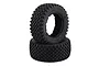 Two black rubber RC off-road tyres stacked vertically against a white background.