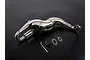 Rovan Baja stainless steel side mount tuned exhaust pipe set with included mounting hardware, gaskets, and an Allen key on a black background.