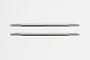 Two silver-coloured metal threaded turnbuckle rods laid horizontally against a plain white background.