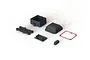 ARRMA radio box set components including a black plastic housing, lid, gasket, and mounting hardware on a white background.