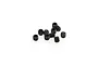 A small pile of ten black metal grub screws with hexagonal drive sockets, isolated on a white background.