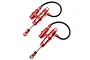 Two red Yeah Racing Desert Lizard piggyback RC shock absorbers with black hoses on a white background.