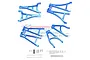 A set of blue anodized aluminium RC suspension arms with included screws, pins, and hardware, laid out on a white background.