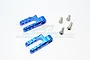 Two blue anodized aluminium servo horns and four metal screws on a white background.