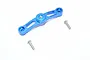 A blue anodized aluminium steering holder for an RC car, accompanied by two small metal screws on a white background.