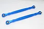 Two blue anodized aluminium turnbuckles for RC cars, featuring metal ball ends, arranged diagonally on a white background.