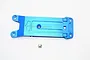 A blue anodized aluminium rear tie bar for an RC car, featuring a machined design with mounting holes and a single small screw below it.
