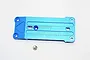 A blue anodized aluminium front tie bar for an RC vehicle, featuring a flat rectangular design with mounting holes and a single included screw.
