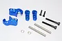 GPM Racing blue aluminium rear adjustable shock mount set for Traxxas X-Maxx, including mounting hardware and pins.