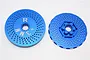 Two blue anodized aluminium wheel hex adapters with a disc design, featuring a 3mm offset and R marking, shown from front and back views.