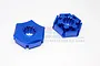 Two blue anodized aluminium claw-style wheel hex adapters for RC cars, shown from top and side angles against a white background.
