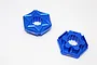 Two blue anodized aluminium claw-style wheel hex adapters with +1mm offset markings on a white background.