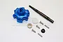 GPM Racing blue aluminium cush drive housing, black input shaft, and included hardware components on a white background.