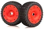 Two Rovan Dirt Buster RC buggy wheels with black knobby rubber tires and bright red dish rims, featuring beadlock-style screw detailing.