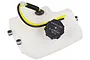 A translucent white plastic fuel tank for an RC car with a black screw-on cap labeled Gasoline + 2-Stroke Oil, featuring yellow and black fuel tubing.