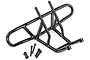 A black steel rear bumper for an RC car with included mounting hardware, including bolts and nuts, isolated on a white background.