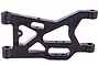 A black plastic front lower suspension arm for an RC vehicle, featuring a triangular cut-out design and multiple mounting points.
