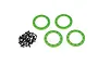 Four bright green anodized aluminium beadlock rings and a pile of small black screws on a white background.