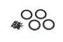 Four black aluminium beadlock rings and a pile of small black screws for RC wheels on a white background.