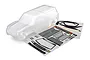 A clear, unpainted Traxxas TRX-4 Sport camper body shell shown with its included decal sheet on a white background.