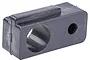 A black, rectangular plastic chassis brace component for an RC vehicle, featuring two circular mounting holes.