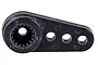 A black plastic single-arm servo horn with a splined center hole and three mounting holes, isolated on a white background.