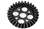 A dark grey metal 30-tooth spiral cut differential ring gear for an RC vehicle against a white background.