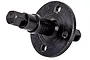 A black metal centre differential spool for an RC vehicle, featuring a circular flange with mounting holes and a central shaft with hex ends.