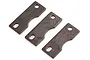 Three flat, dark grey metal brake pad plates for an RC vehicle, arranged diagonally on a white background.