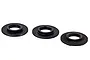 Three black metal flanged washers arranged in a row against a white background.