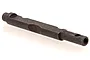 A close-up studio shot of a dark grey metal brake cam shaft for an RC vehicle, featuring a machined cylindrical shape with flat sections.