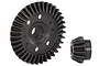 A black machined spiral cut ring gear and pinion gear set for an RC car differential.
