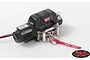 RC4WD 1/10 scale Warn 9.5cti winch for RC rock crawlers, featuring a black housing, silver fairlead, and a red pull strap with Warn branding.