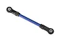 A blue Traxxas TRX-4 steel suspension link with black plastic rod ends on a white background.