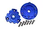 GPM Racing blue anodized aluminium cush drive housing components and six mounting screws on a white background.