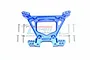 A blue anodized aluminium rear shock tower for an RC car, accompanied by six silver metal screws, isolated on a white background.
